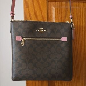Coach Brown Signature Crossbody with Pink Trim